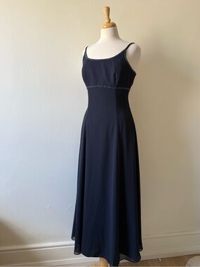 Vintage Y2K Navy Beaded Formal Prom Wedding Guest Midi Dress Fairy Prom Slip
